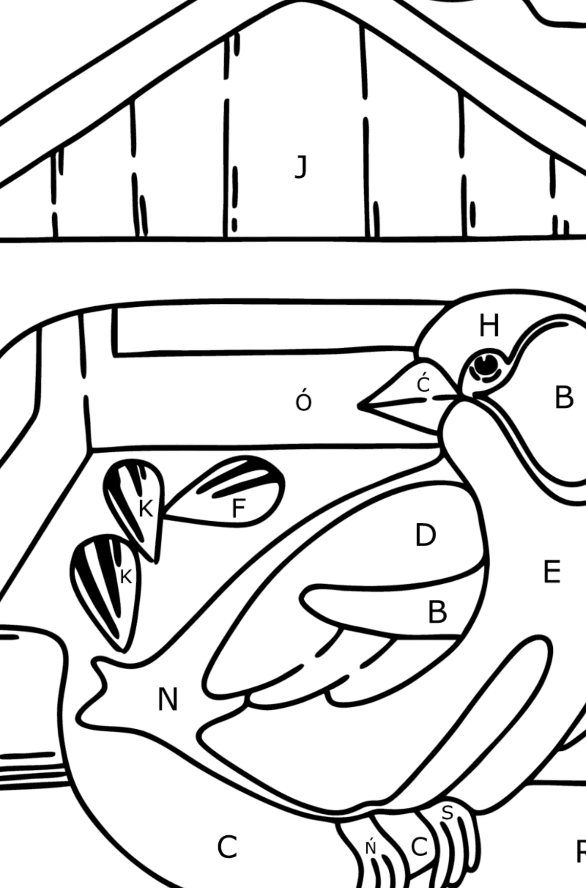 Kolorowanka - Karmnik dla ptaków - Kolorowanki wedlug liter dla dzieci