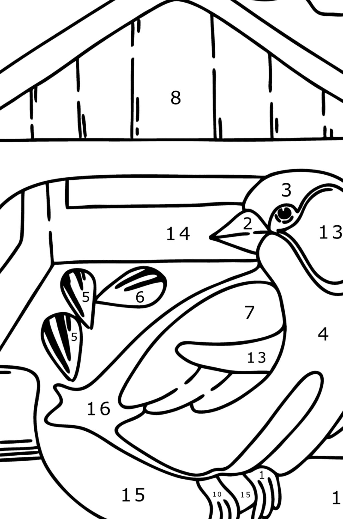 Kleurplaat vogelvoeders - Kleuren op nummer voor kinderen