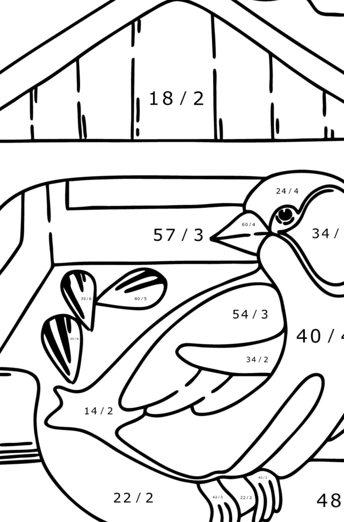 Kolorowanka - Karmnik dla ptaków - Kolorowanki matematyczne dzielenie dla dzieci