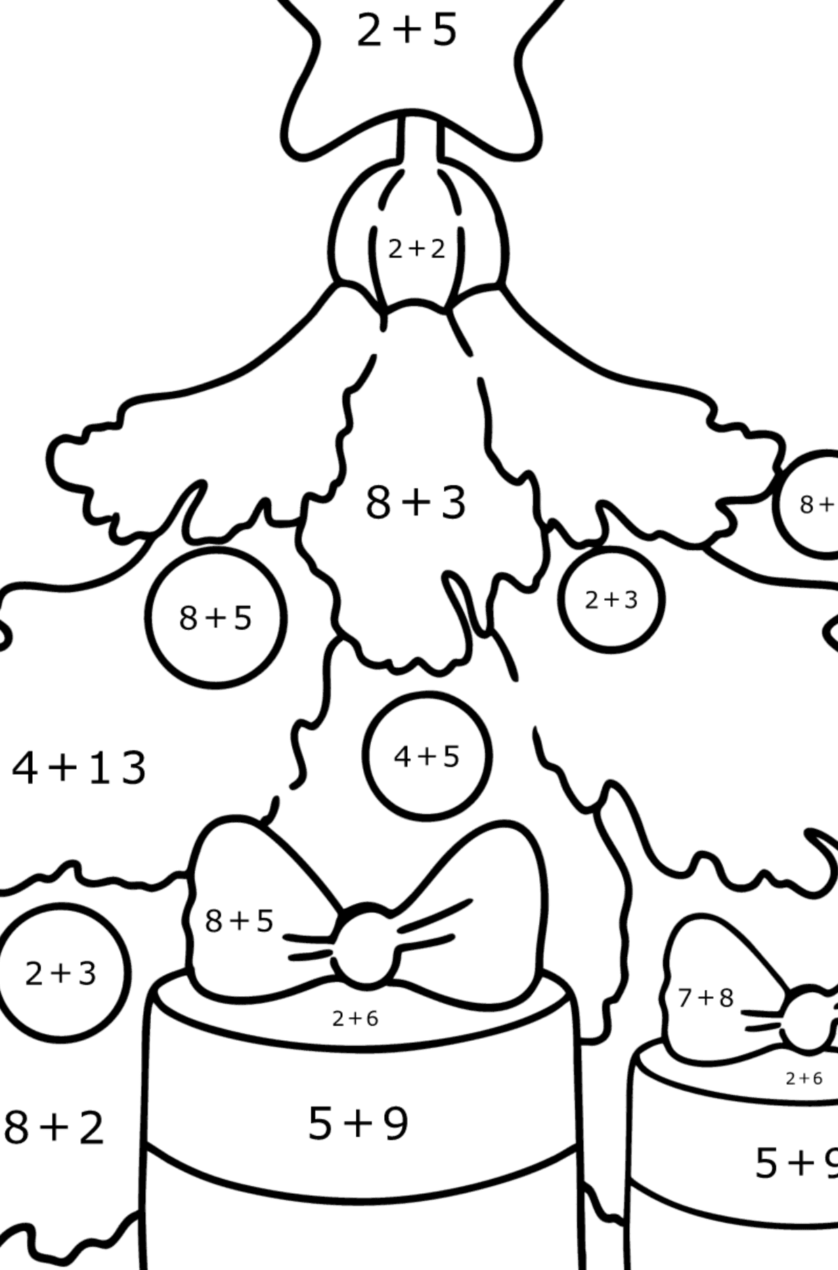 Ausmalbild Weihnachtsbaum und Geschenke - Mathe Ausmalbilder - Addition für Kinder