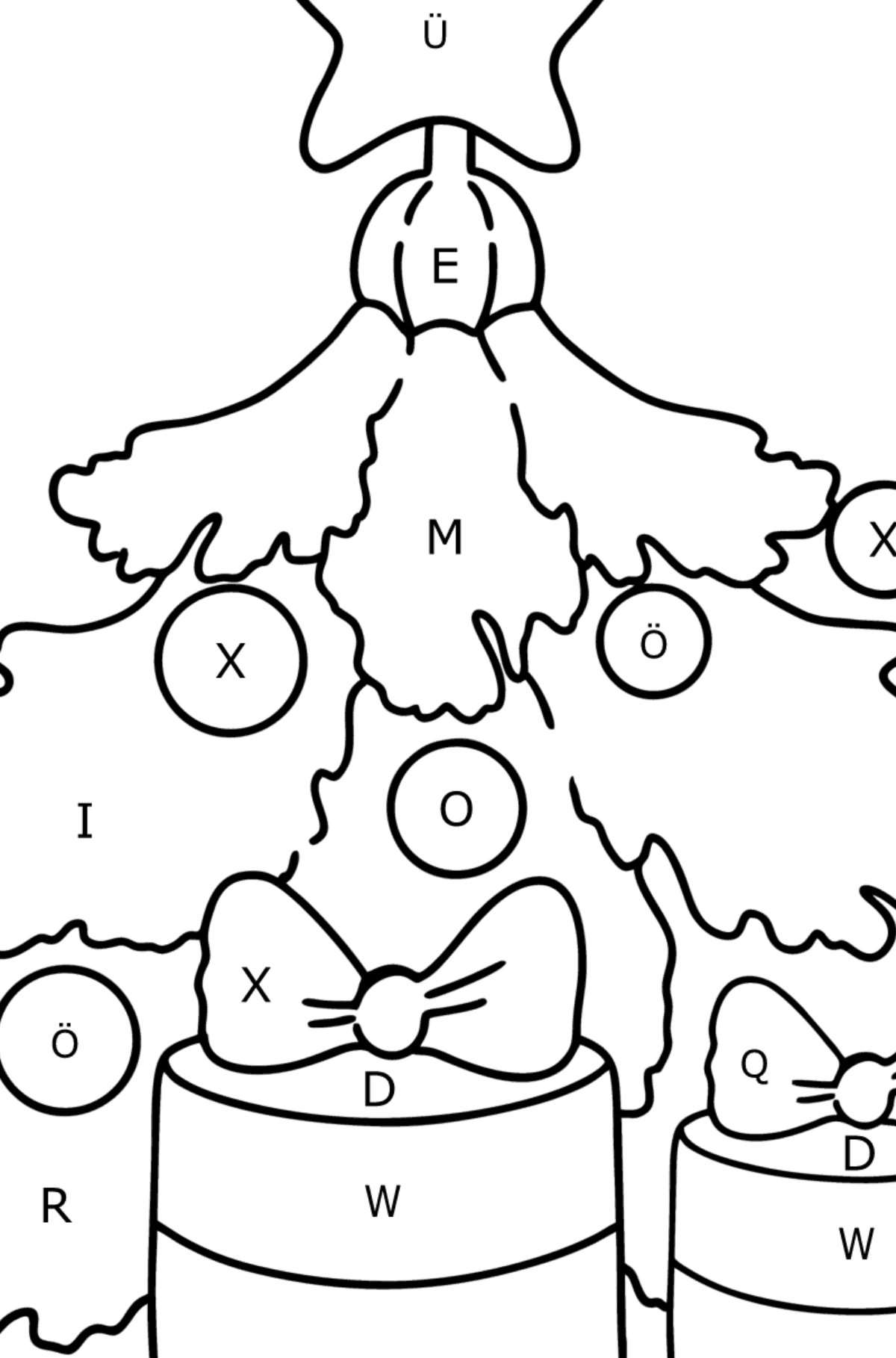 Ausmalbild Weihnachtsbaum und Geschenke - Ausmalen nach Buchstaben für Kinder