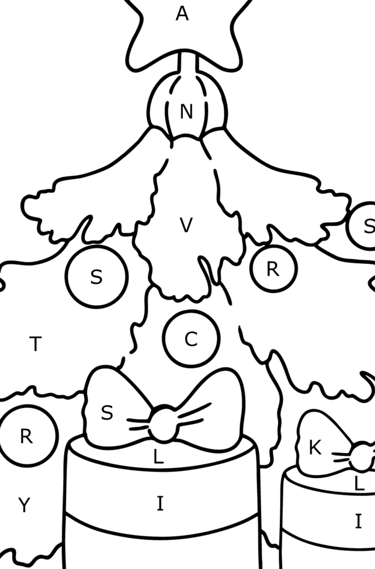 Desenho para colorir de Árvore de Natal e Presentes - Colorir por Letras para Crianças