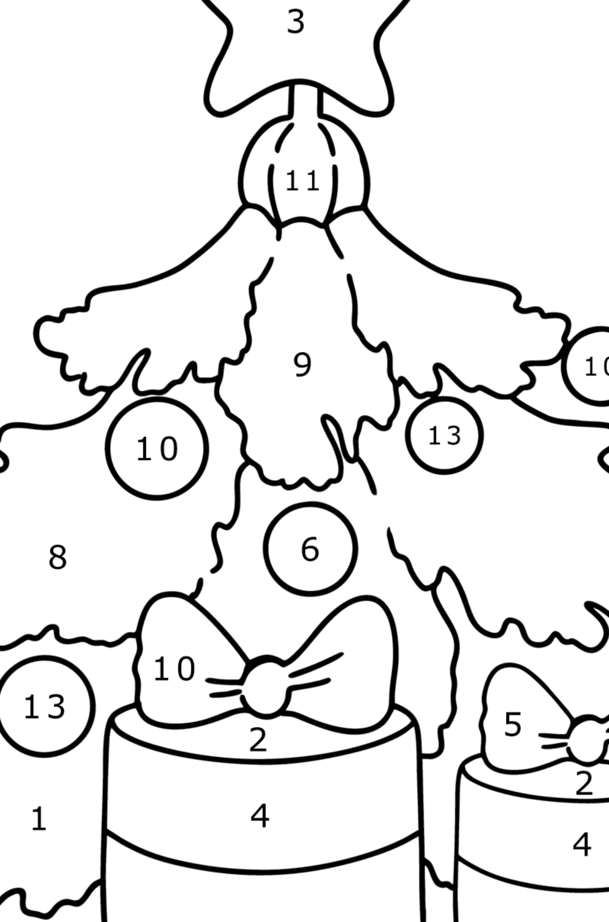 Kleurplaat Kerstboom en cadeaus - Kleuren op nummer voor kinderen