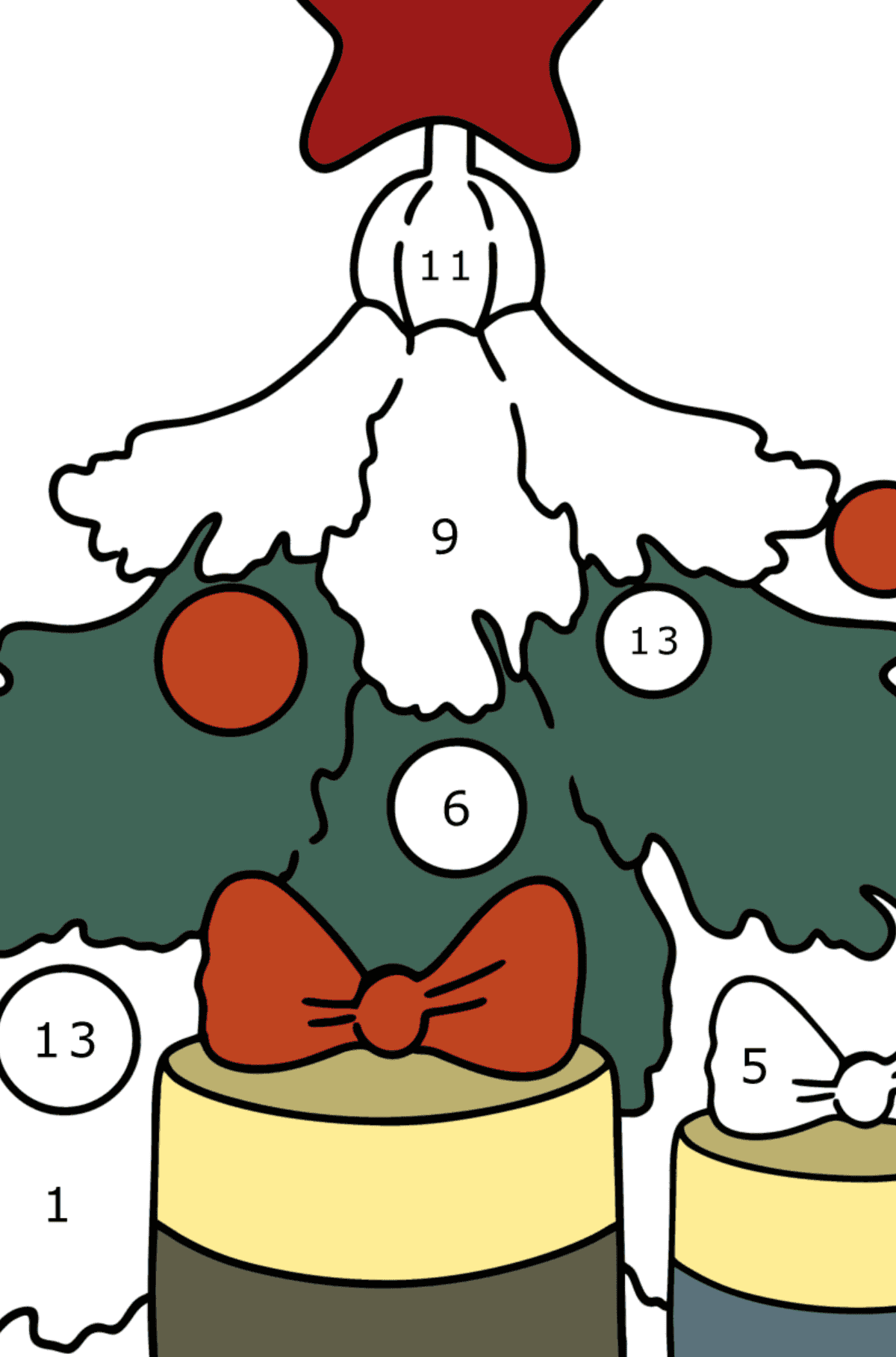 Ausmalbild Weihnachtsbaum und Geschenke - Malen nach Zahlen für Kinder