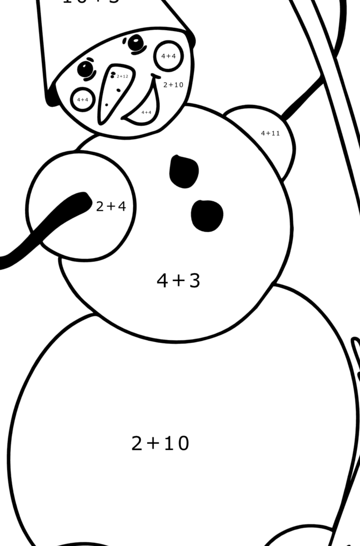 Tegning til farvning snemand med kost - Matematisk farvelægning side -- Tilføjelse for børn