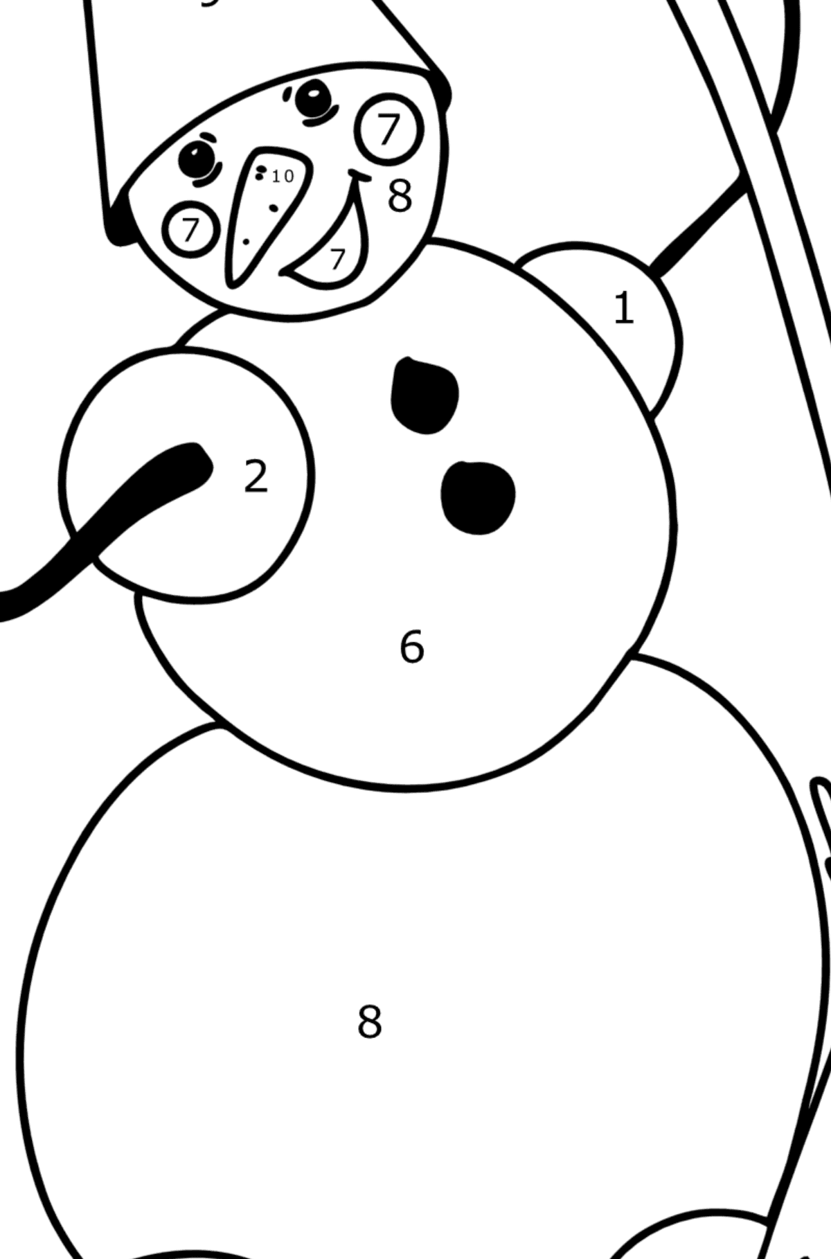 Ausmalbild Schneemann mit Besen - Malen nach Zahlen für Kinder