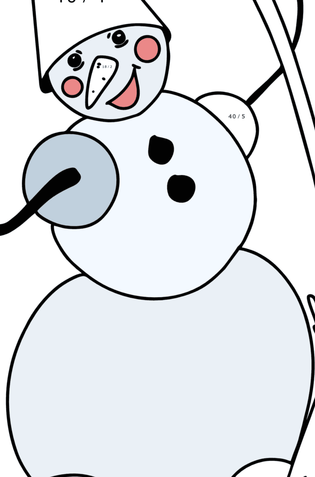 Dibujo de muñeco de nieve con escoba para colorear - Colorear con Matemáticas - Divisiones para Niños