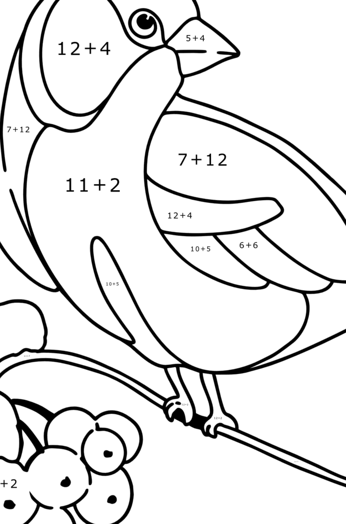 Coloring page - Titmouse on Mountain Ash - Math Coloring - Addition for Kids