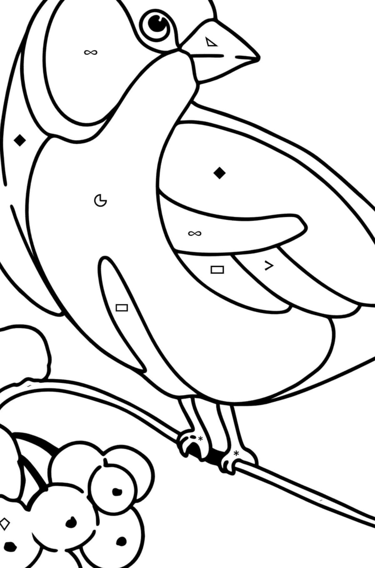 Coloring page - Titmouse on Mountain Ash - Coloring by Symbols and Geometric Shapes for Kids