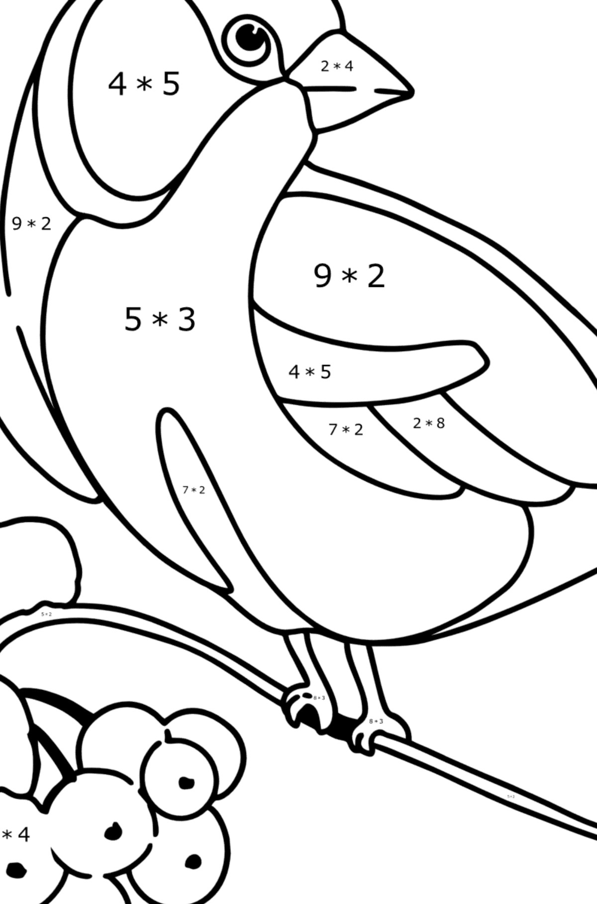 Coloring page - Titmouse on Mountain Ash - Math Coloring - Multiplication for Kids