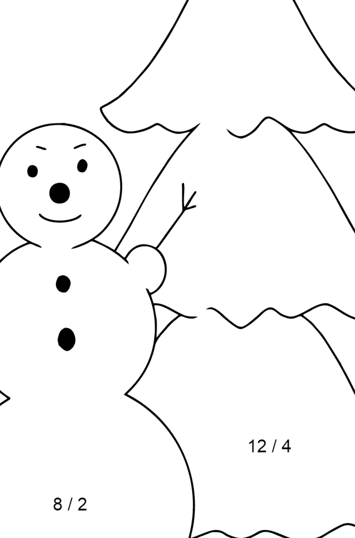 Kleurplaat sneeuwpop en boom (makkelijk) - Wiskunde kleurplaten - delen voor kinderen