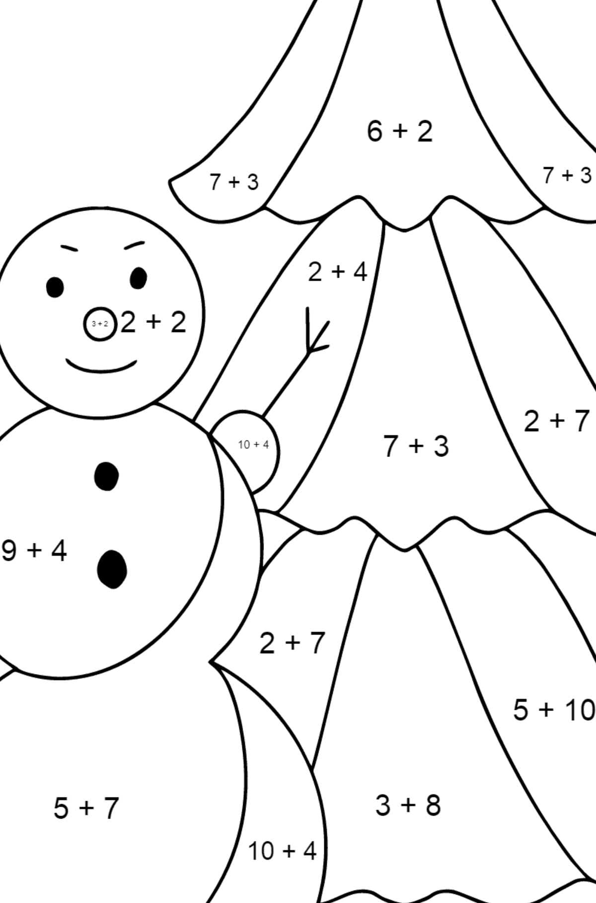 Tegning til farvning snemand og træ (vanskeligt) - Matematisk farvelægning side -- Tilføjelse for børn