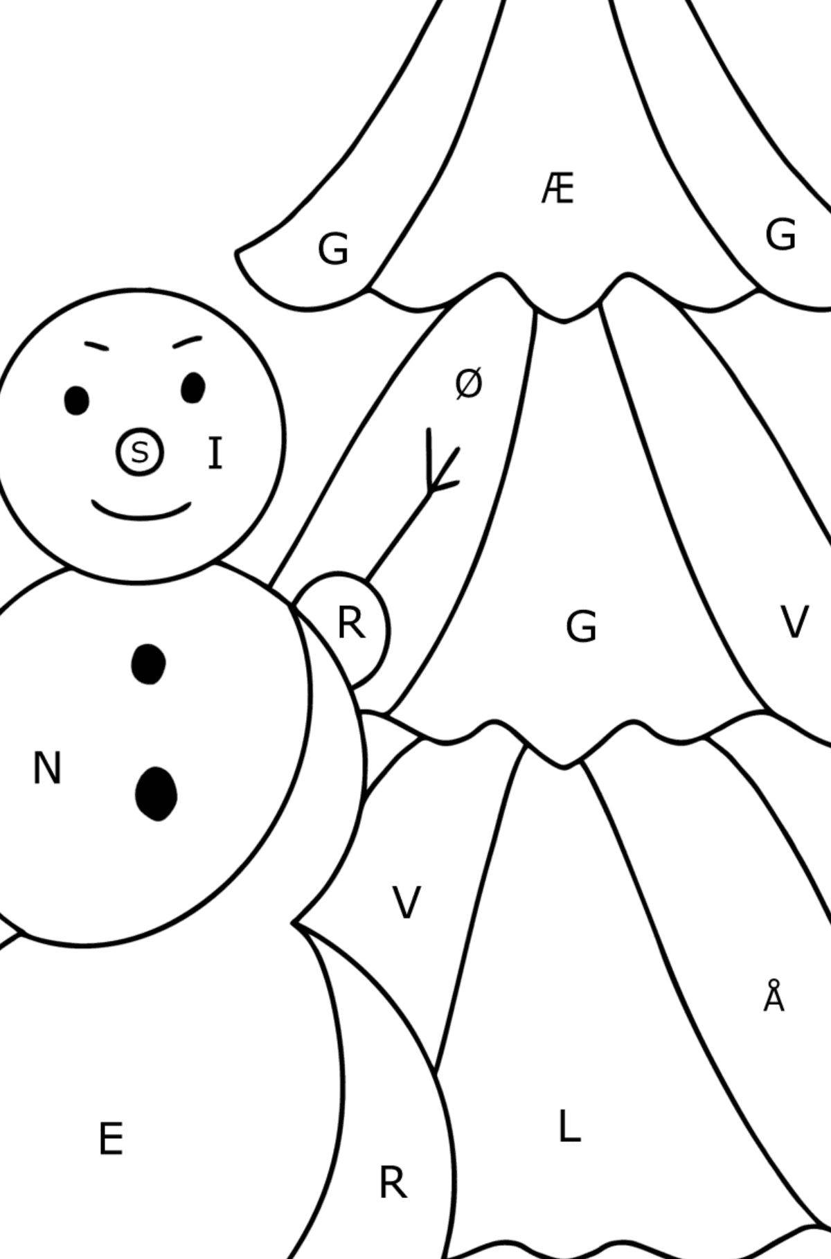 Tegning til farvning snemand og træ (vanskeligt) - Farvelægning af brevene for børn