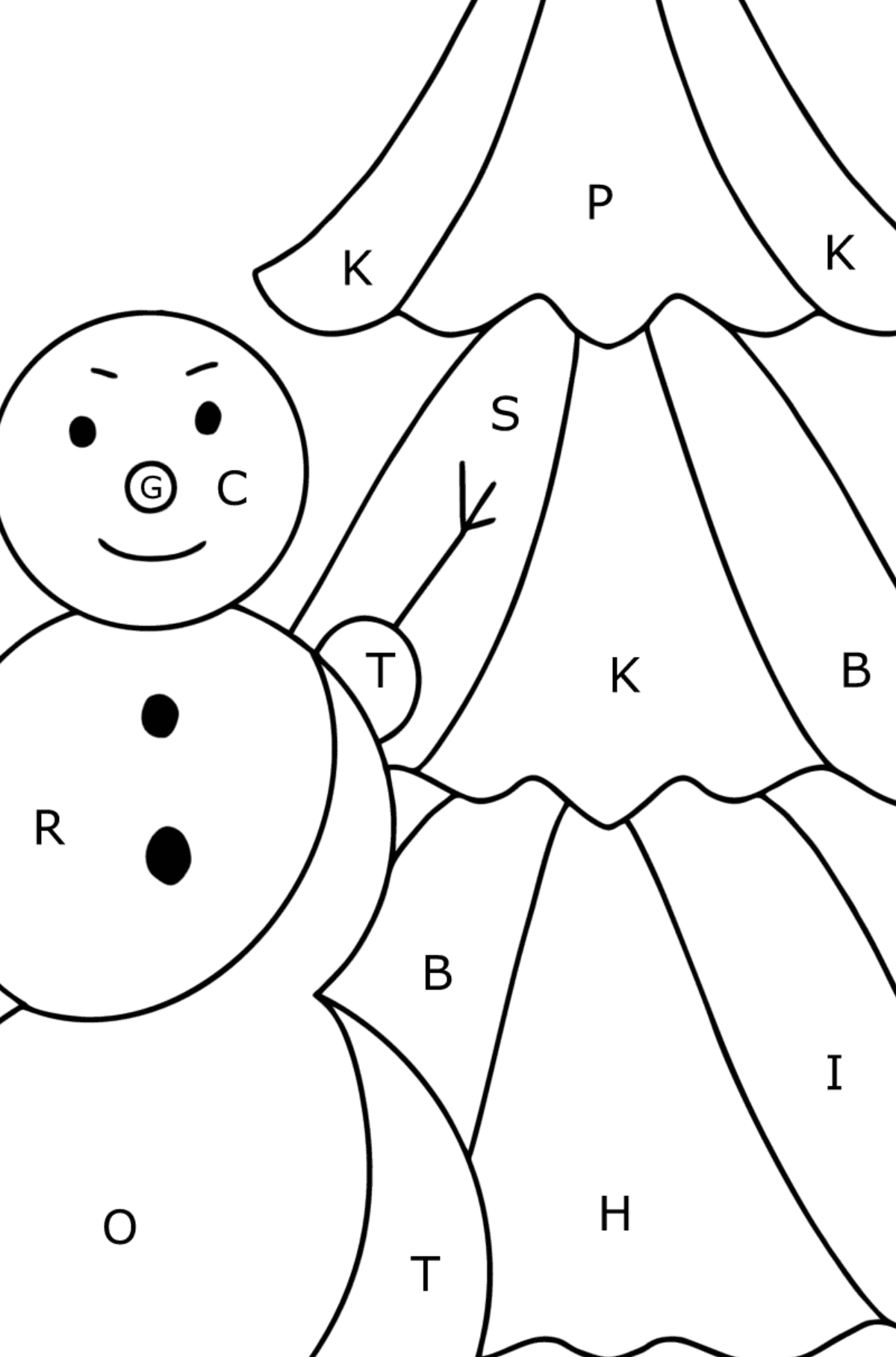 Kleurplaat sneeuwpop en boom (moeilijk) - Kleuren met letters voor kinderen