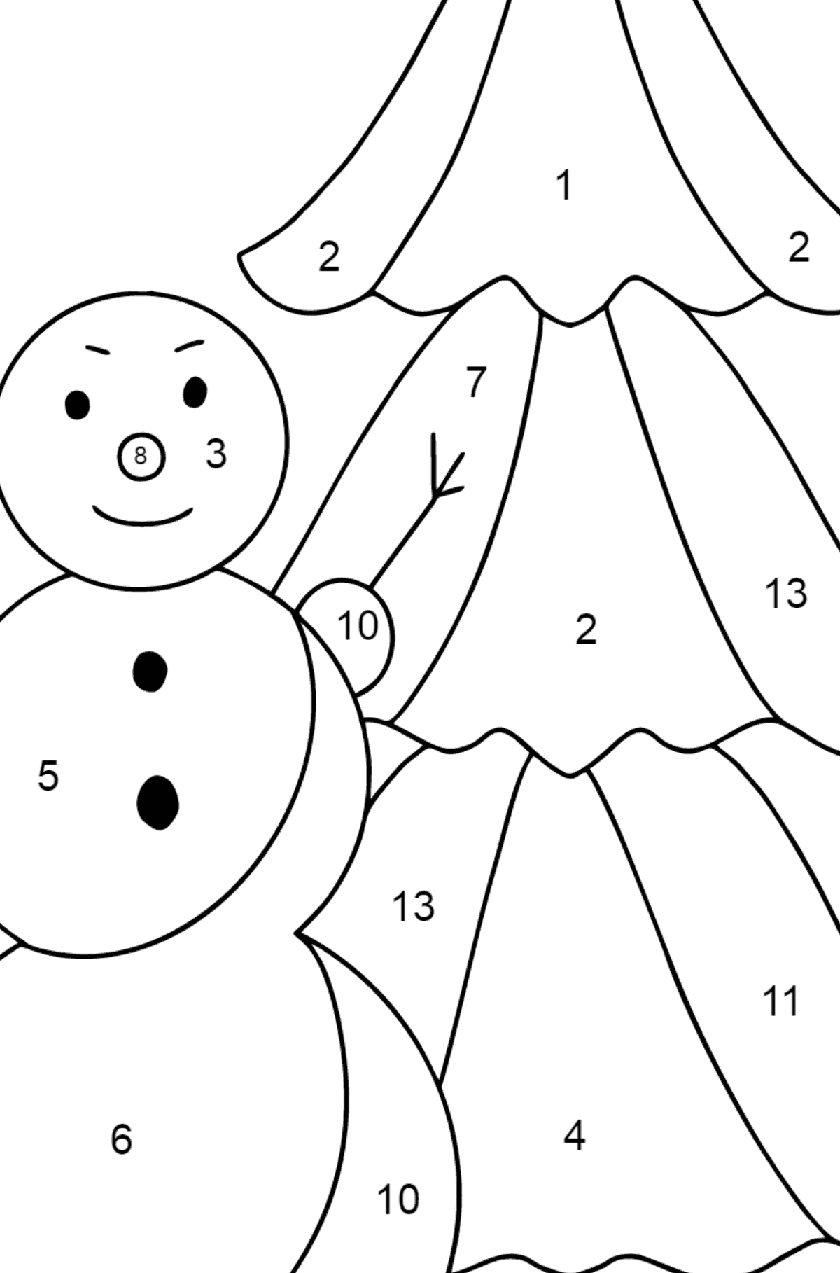 Tegning til farvning snemand og træ (vanskeligt) - Farvelægning side af tallene for børn