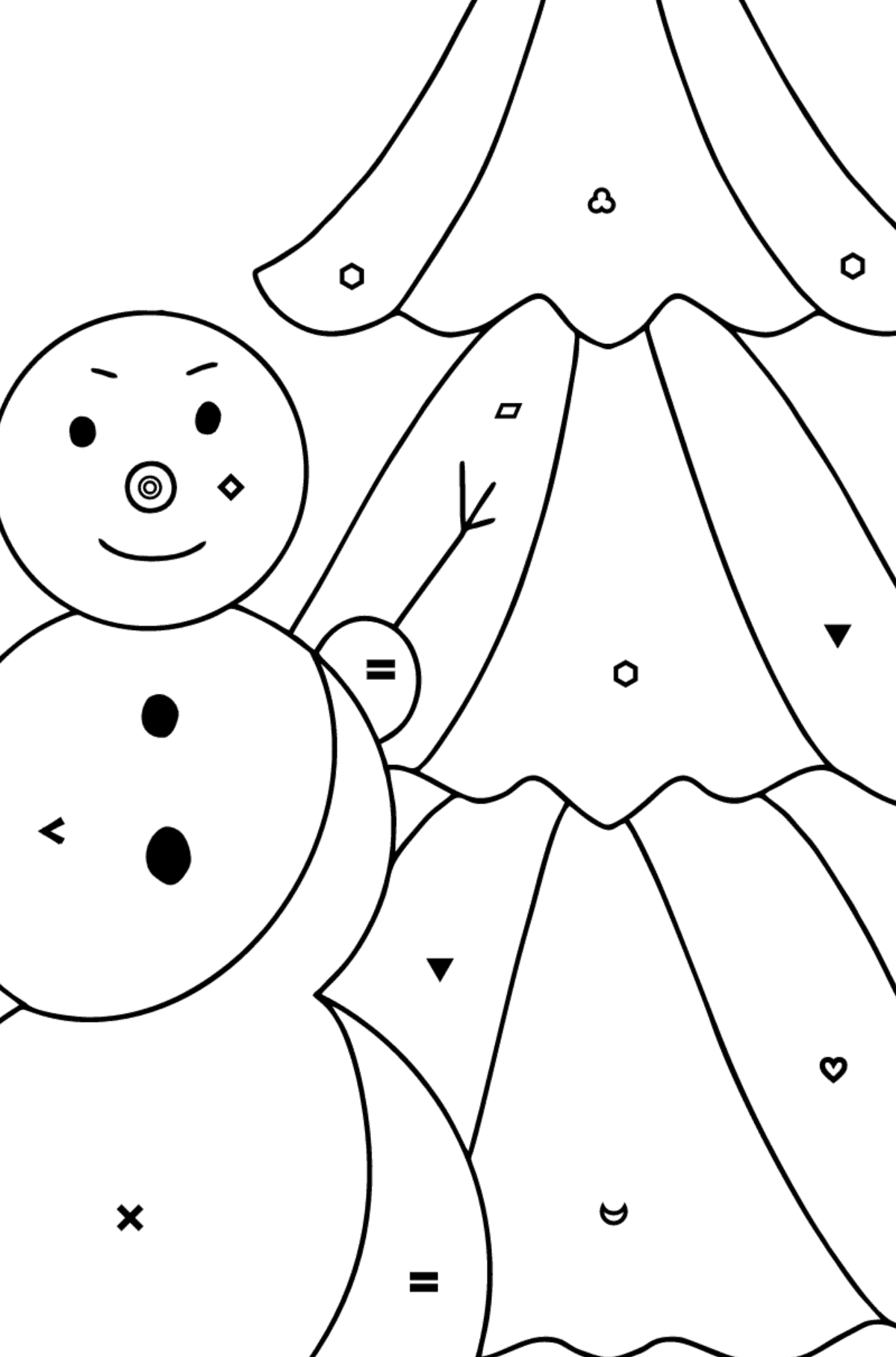 Tegning til farvning snemand og træ (vanskeligt) - farvelægning side efter symboler og geometriske former for børn