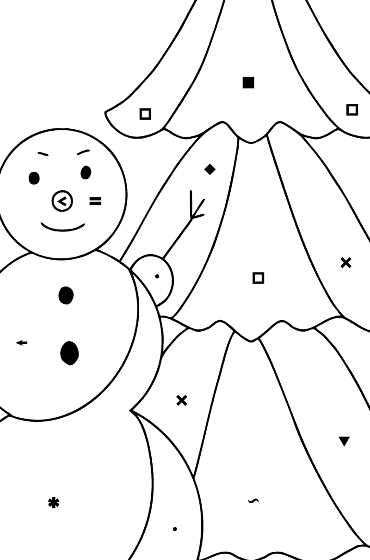 Kleurplaat sneeuwpop en boom (moeilijk) - Kleuren met symbolen voor kinderen