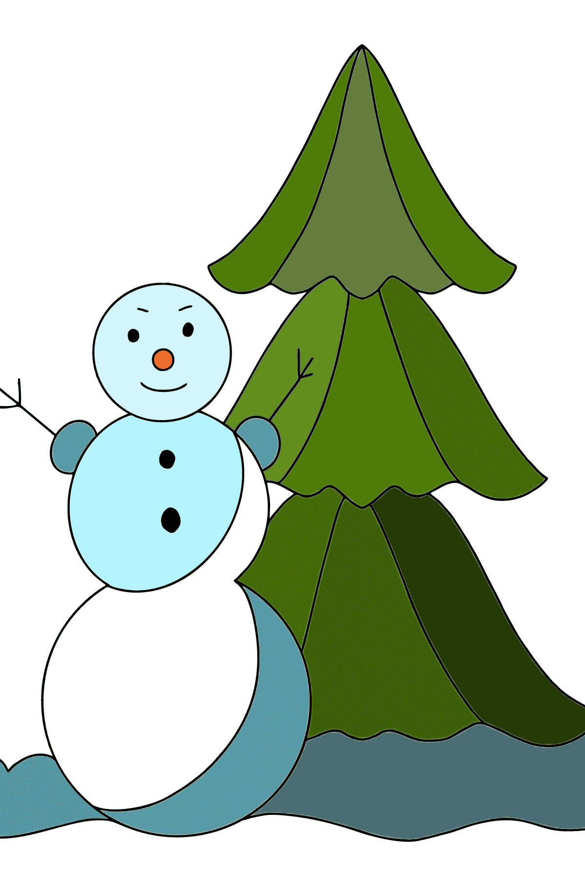 Tegning til farvning snemand og træ (vanskeligt) - Tegninger til farvelægning for børn