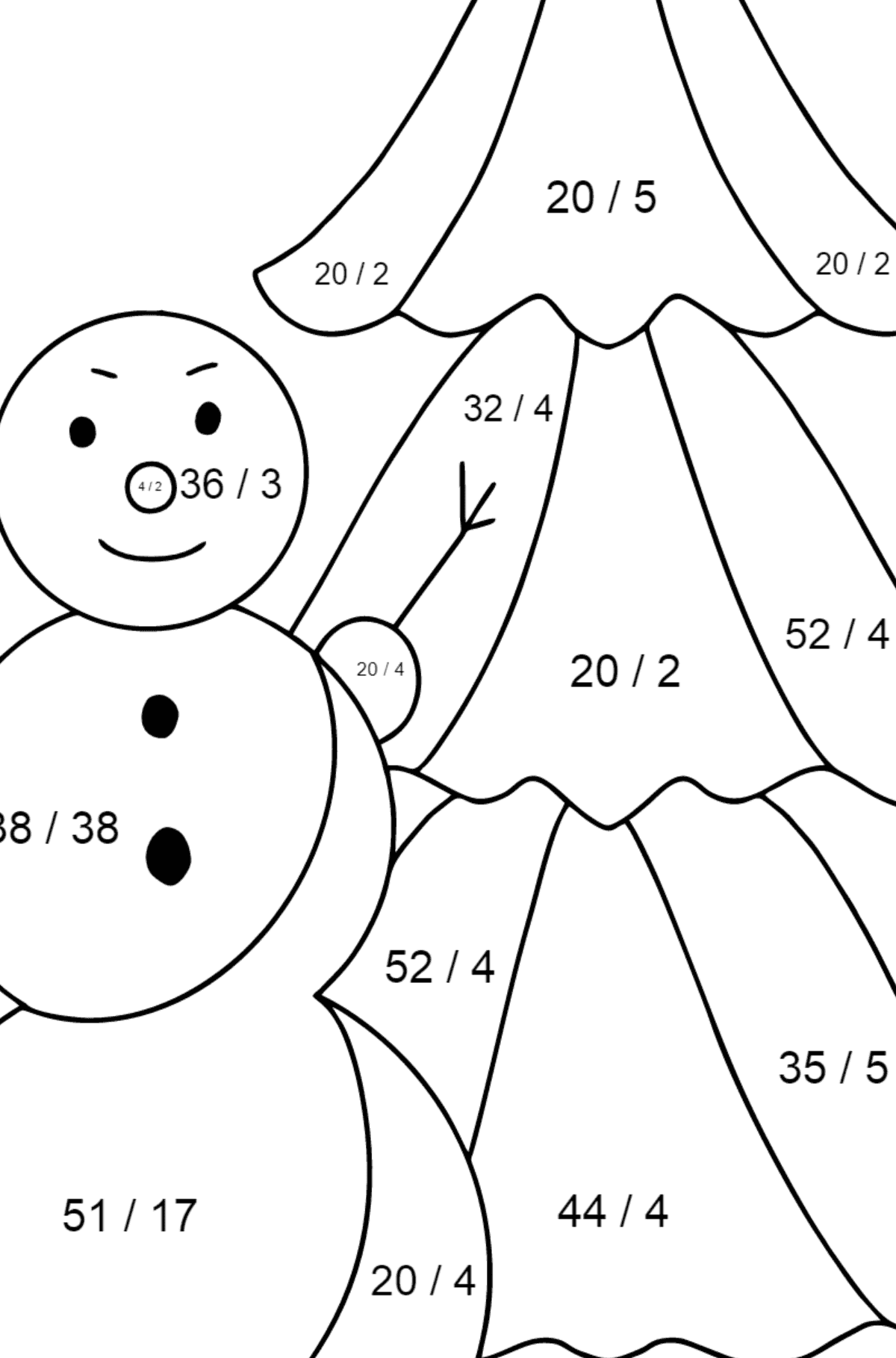 Tegning til farvning snemand og træ (vanskeligt) - Matematisk farvelægning side -- Division for børn