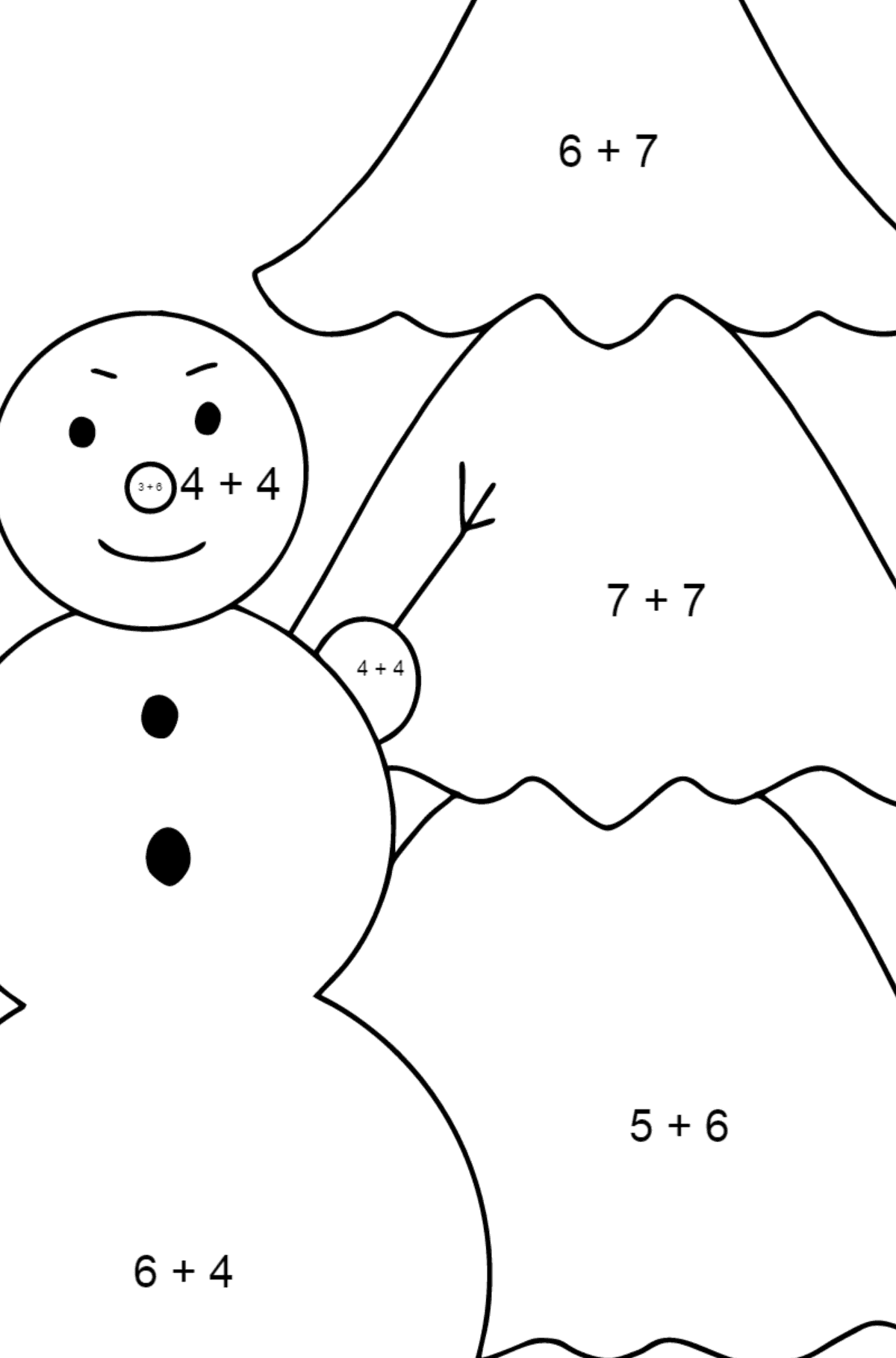 Omalovánka sněhulák a strom - Matematická Omalovánka - Sčítání pro děti