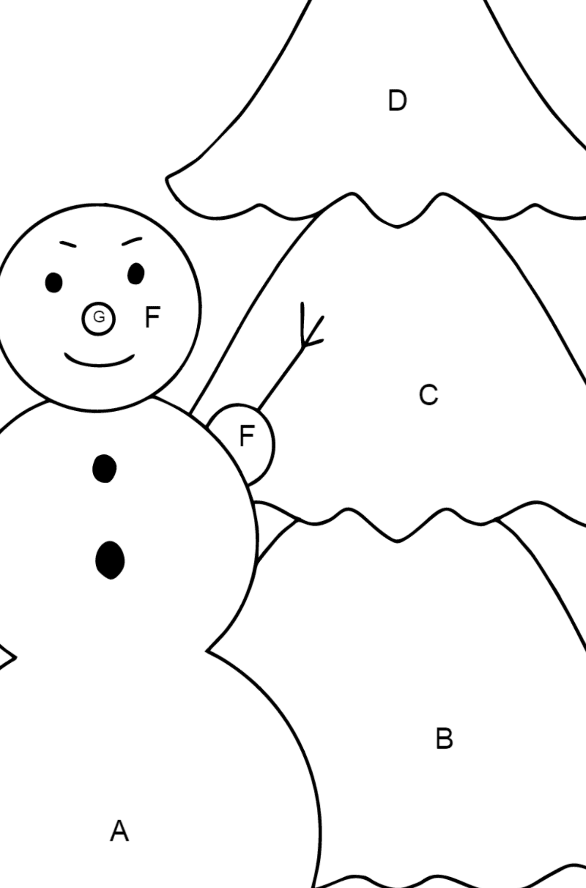 Ausmalbild: Schneemann und Weihnachtsbaum - Ausmalen nach Buchstaben für Kinder