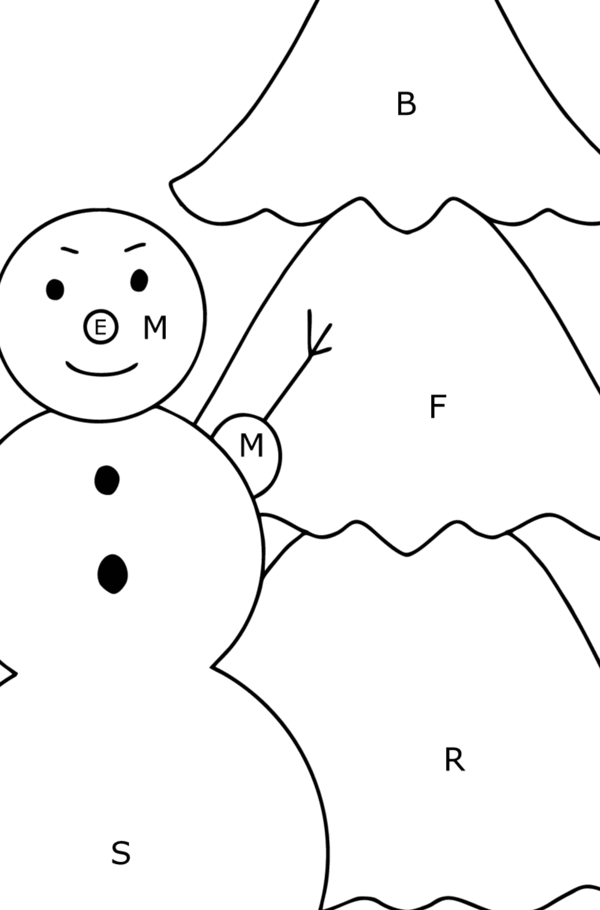 Kleurplaat sneeuwpop en boom - Kleuren met letters voor kinderen