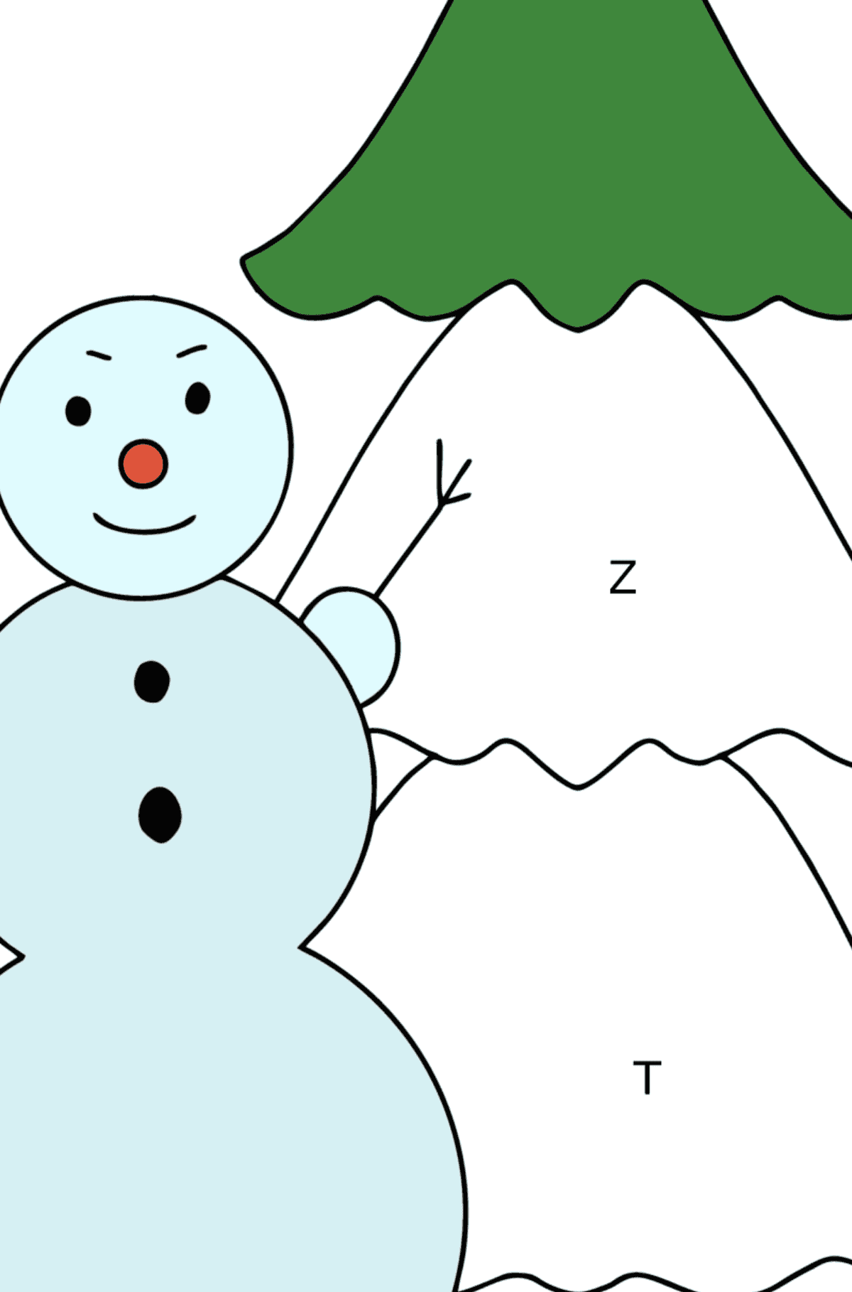 Målarbild snögubbe och träd - Färgläggning av bokstäver för barn