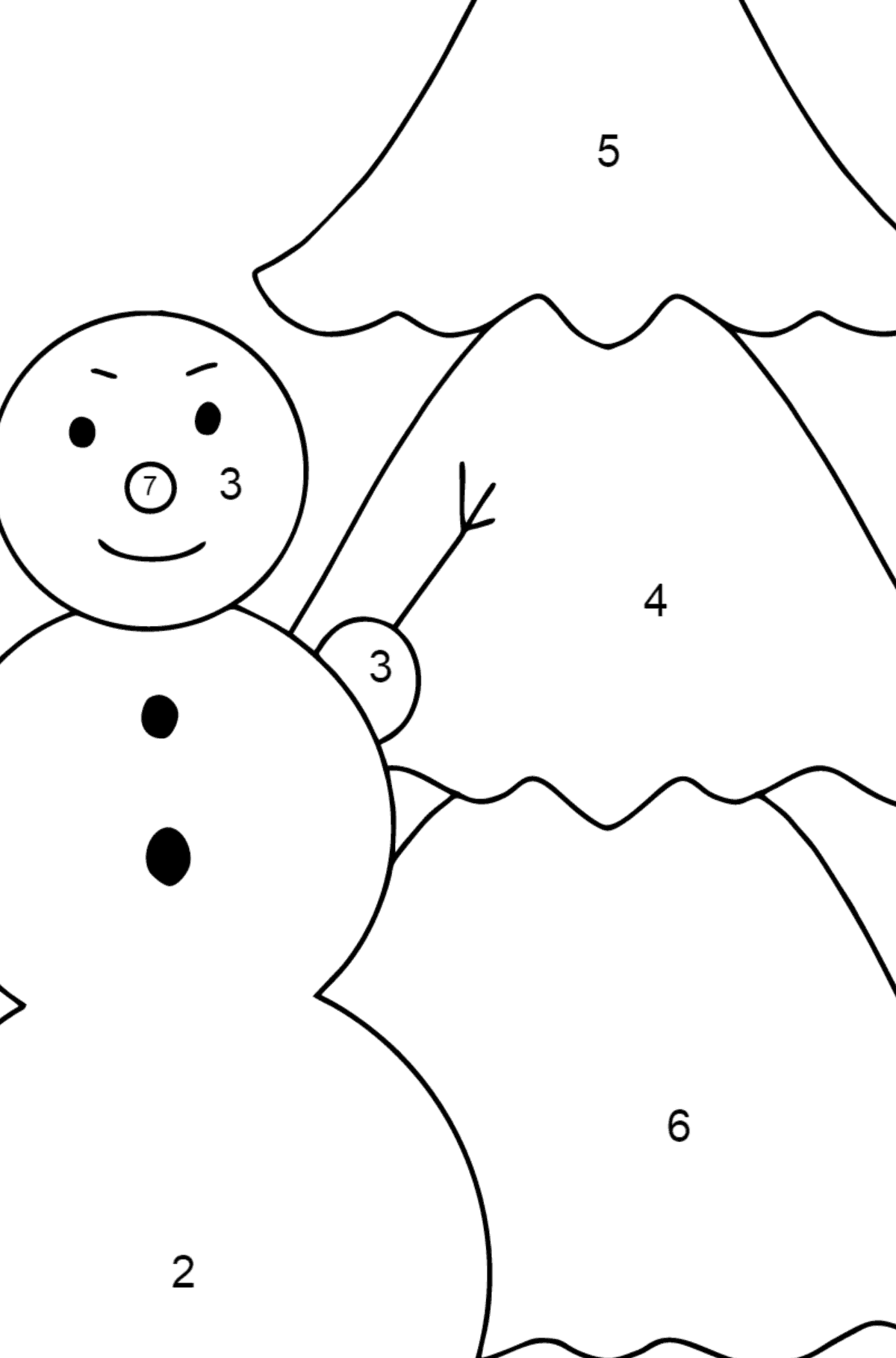 Kleurplaat sneeuwpop en boom - Kleuren op nummer voor kinderen
