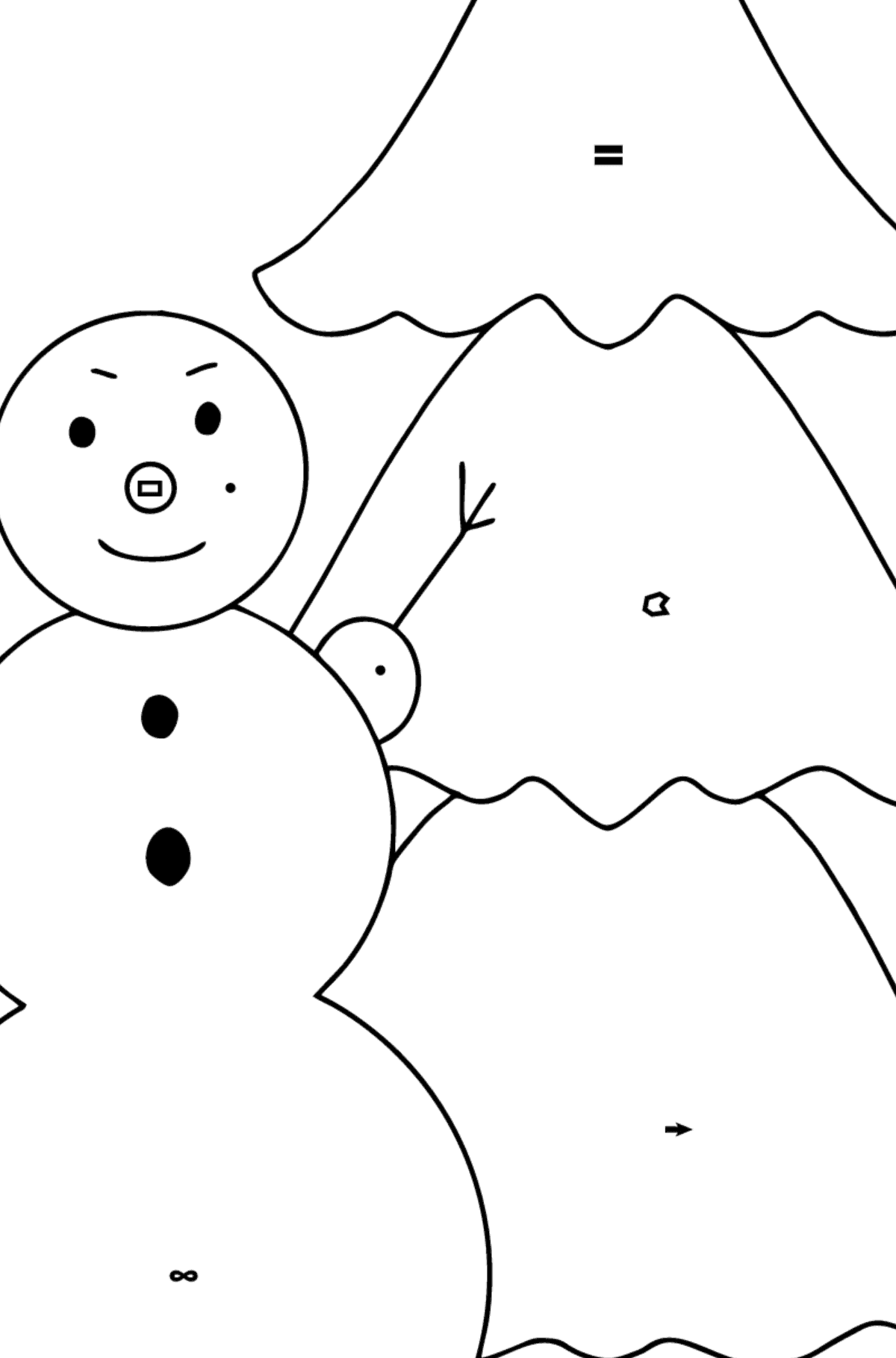 Kleurplaat sneeuwpop en boom - Kleuren op symbolen werkbladen voor kinderen