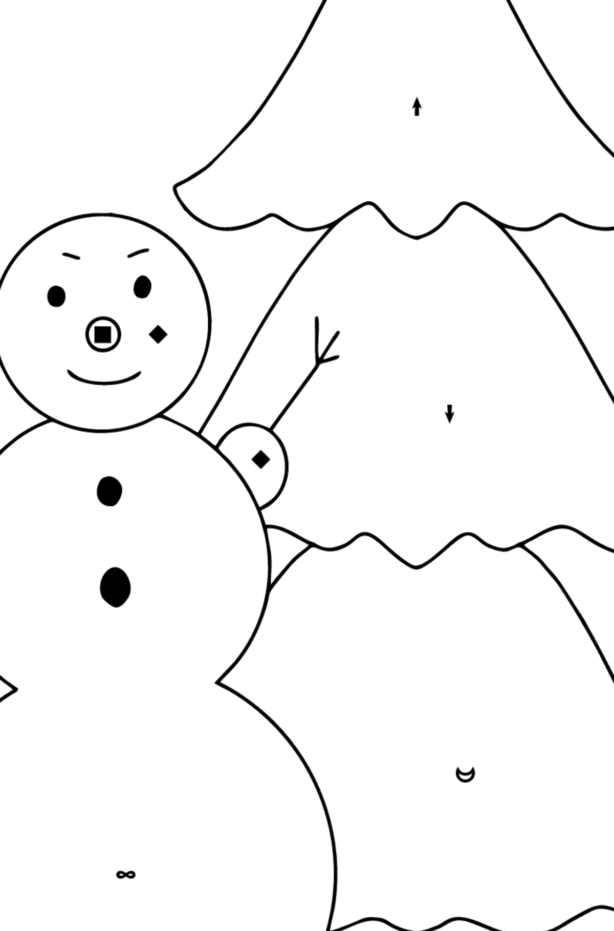 Kleurplaat sneeuwpop en boom - Kleuren met symbolen voor kinderen