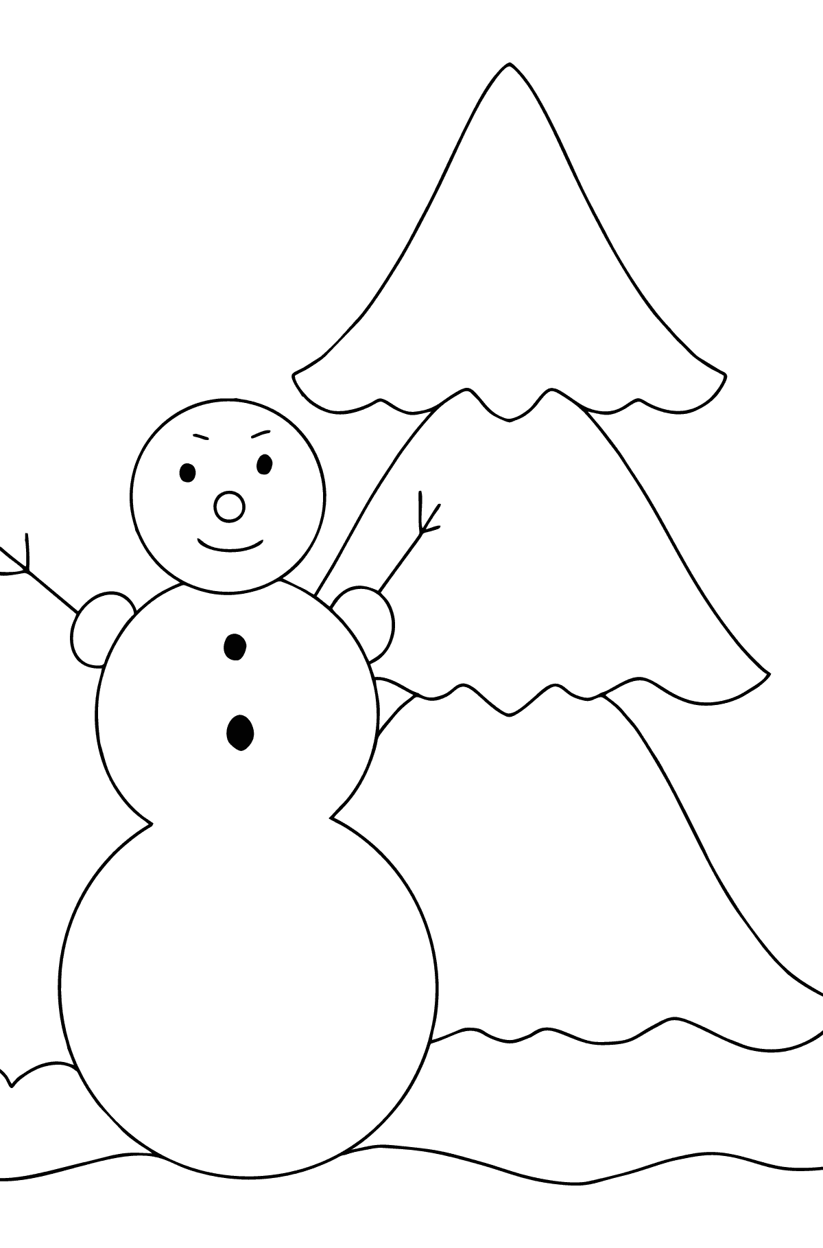 Ausmalbild: Schneemann und Weihnachtsbaum - Malvorlagen für Kinder