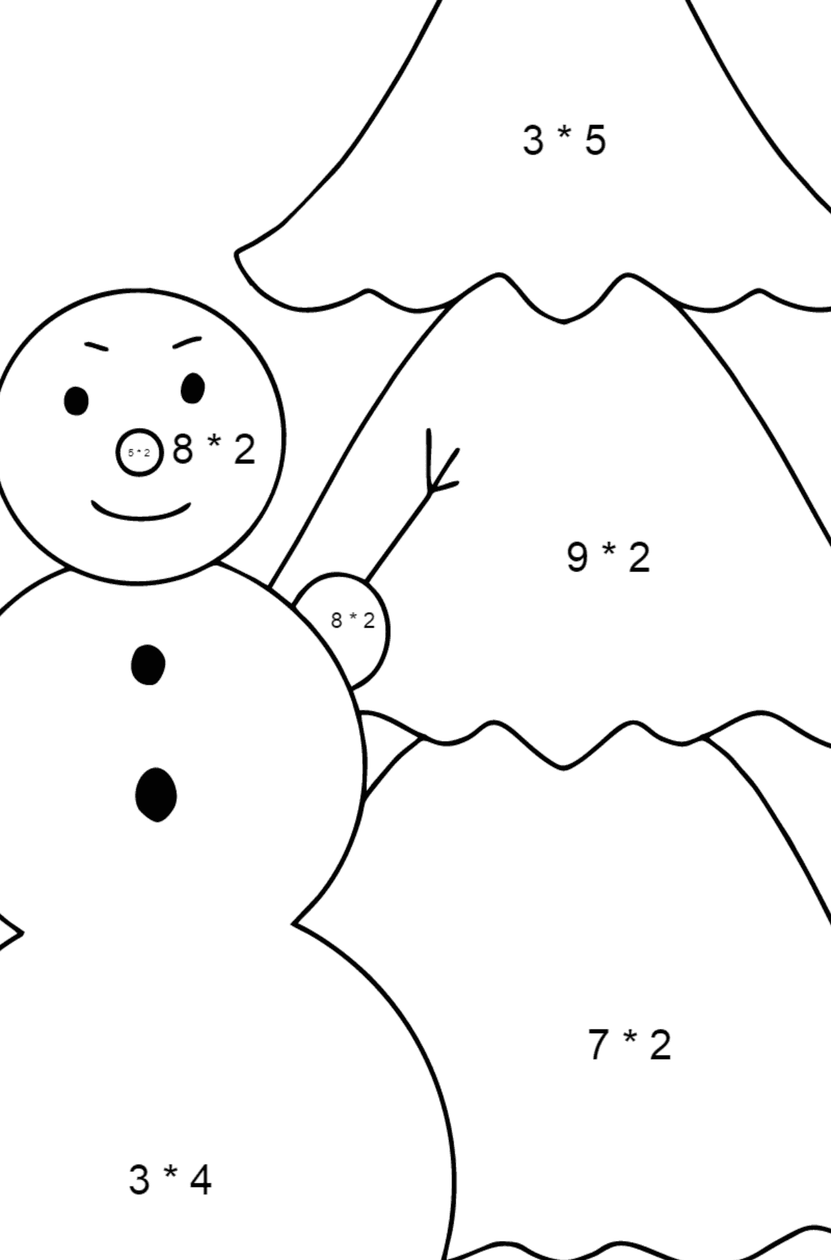 Ausmalbild: Schneemann und Weihnachtsbaum - Mathe Ausmalbilder - Multiplikation für Kinder