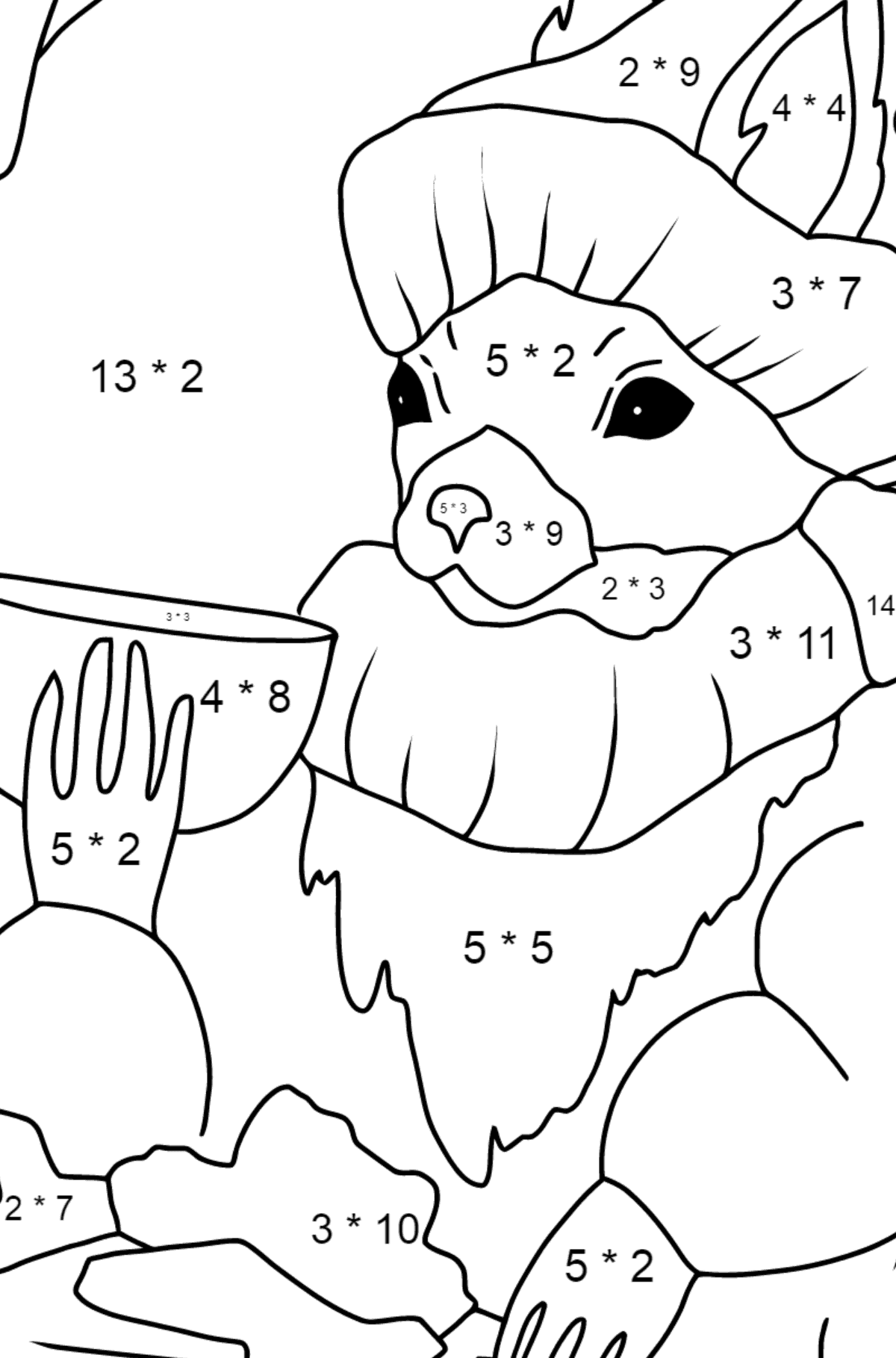 Tegning til farvning egern om vinteren (vanskeligt) - Matematisk farvelægning side -- Multiplikation for børn