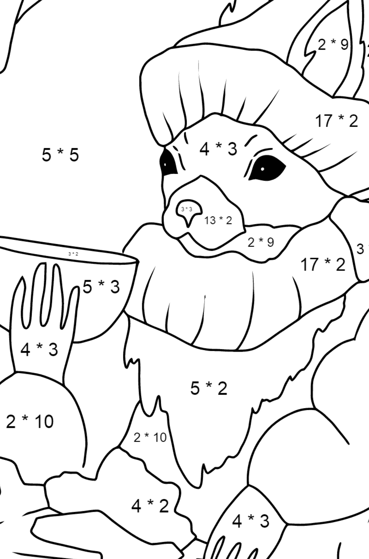 Eichhörnchen zum Ausmalen - Mathe Ausmalbilder - Multiplikation für Kinder