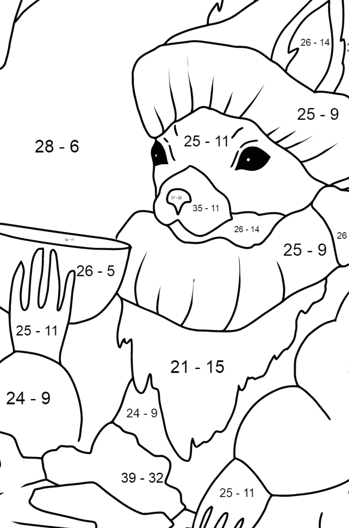 Tegning til farvning egern om vinteren - Matematisk farvelægning side -- Subtraktion for børn