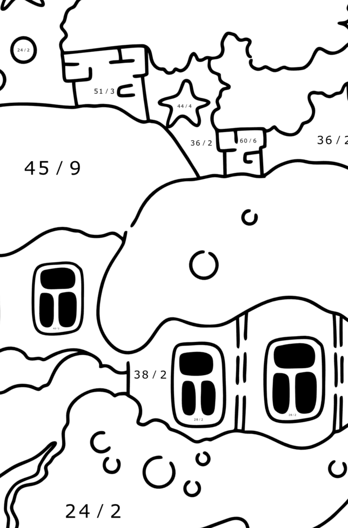 Coloring page - Winter Night - Math Coloring - Division for Kids
