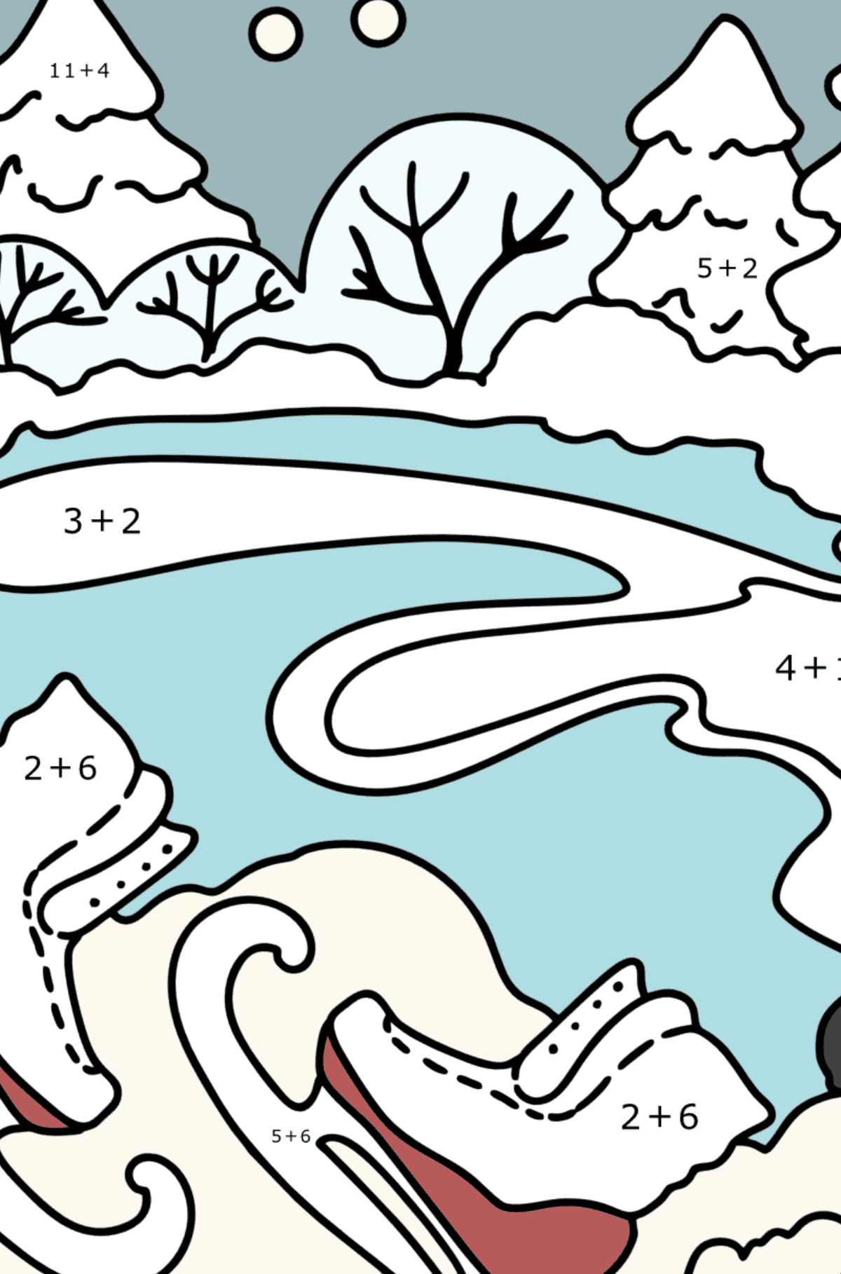 Desenho para colorir - Inverno e patins - Colorindo com Matemática - Soma para Crianças