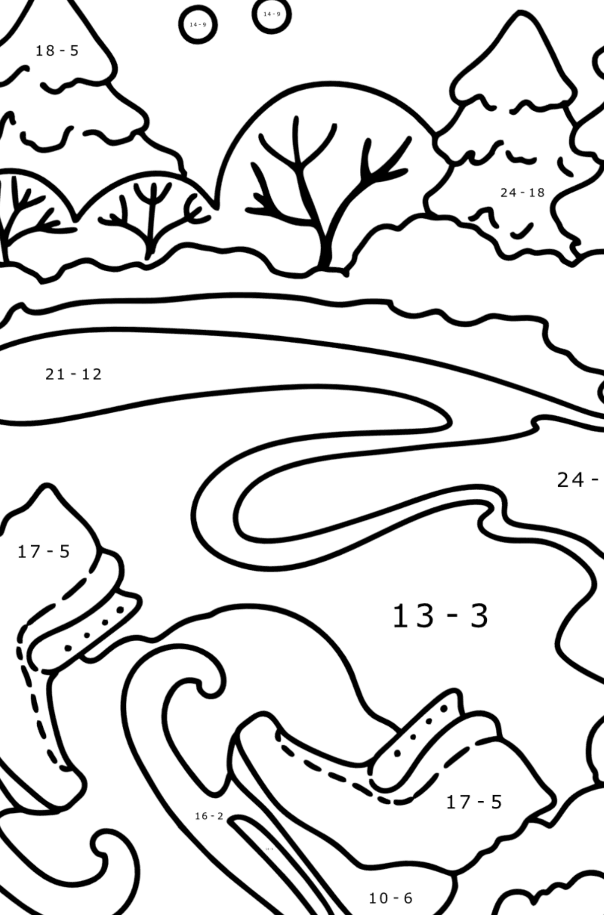 Coloring page - Winter and skates - Math Coloring - Subtraction for Kids