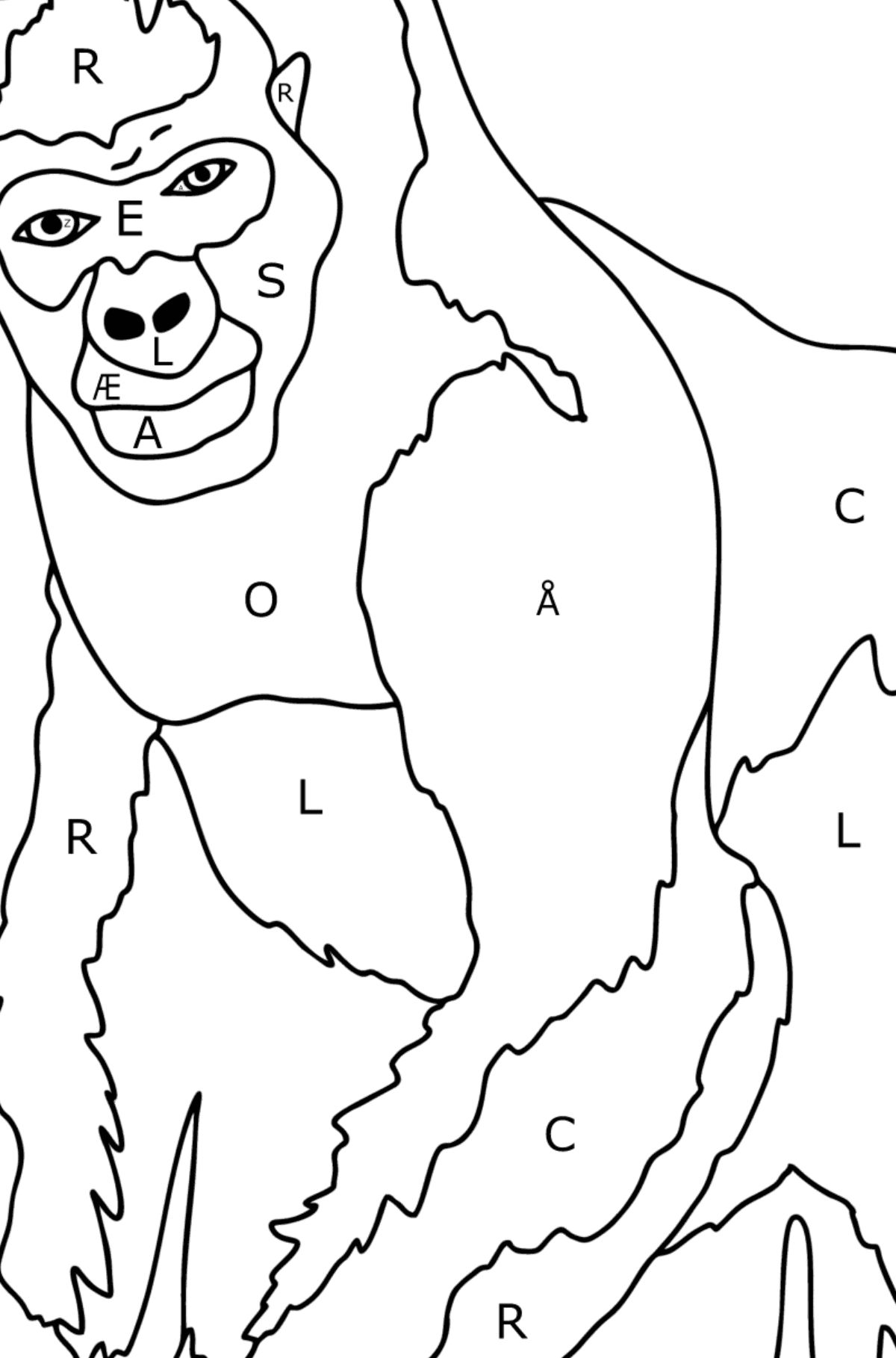 Tegning til farvning gorilla (vanskeligt) - Farvelægning af brevene for børn