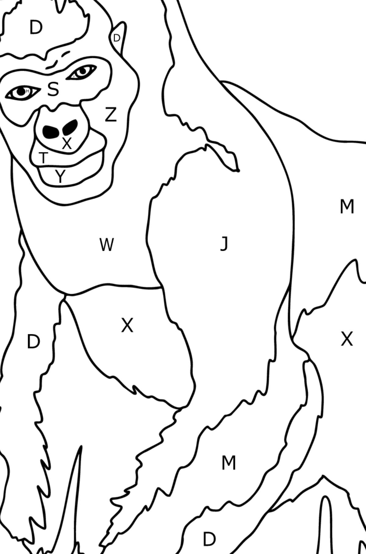 Kleurplaat gorilla (moeilijk) - Kleuren met letters voor kinderen