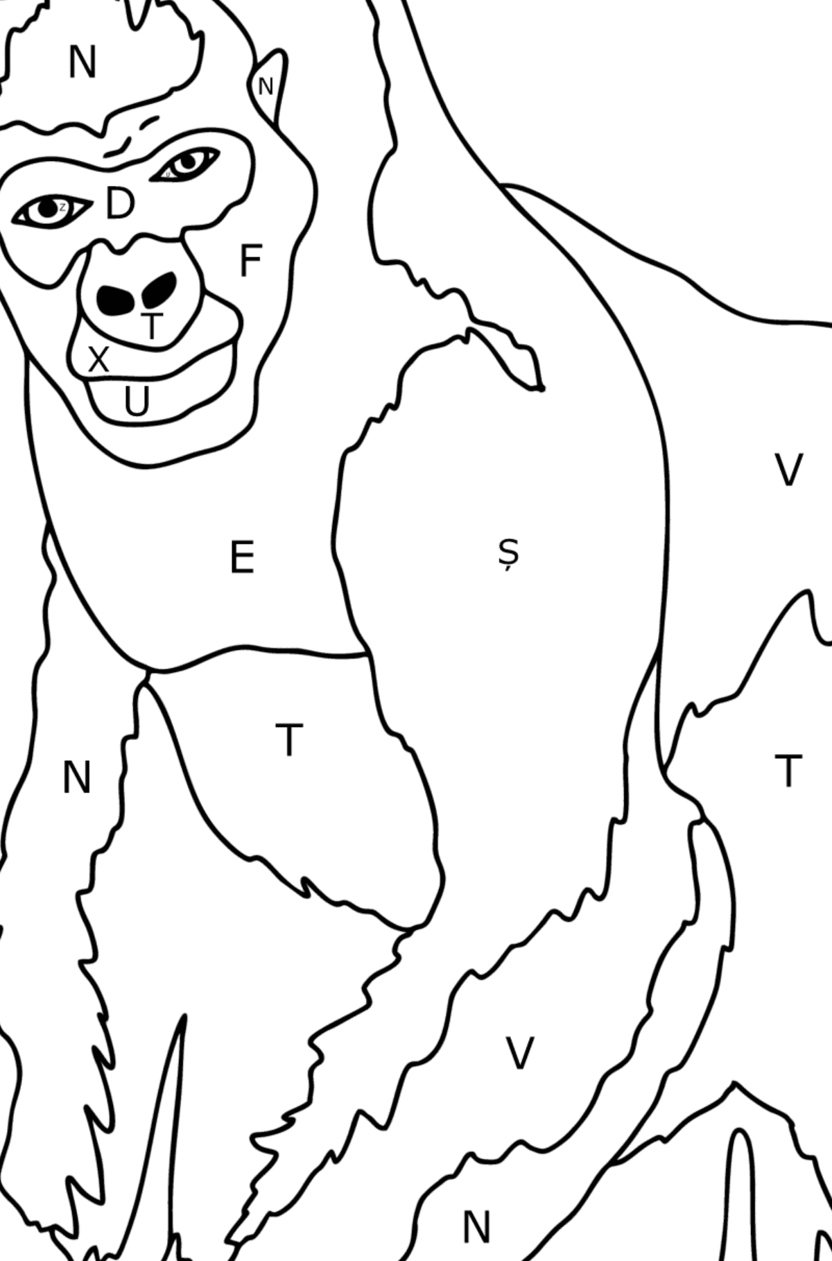 Desen de colorat gorila (dificil) - Desen de colorat după Literă pentru copii