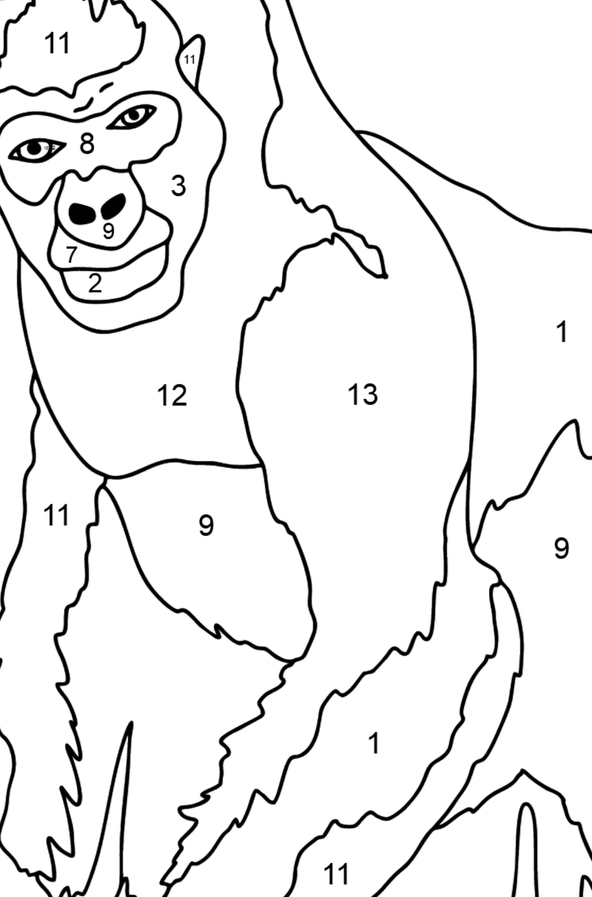 Tegning til farvning gorilla (vanskeligt) - Farvelægning side af tallene for børn