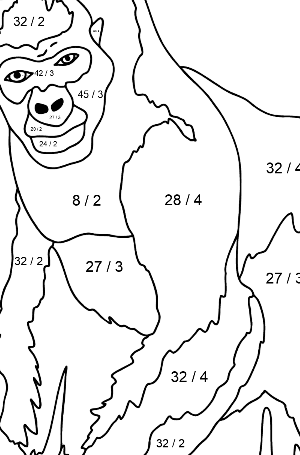 Kleurplaat gorilla (moeilijk) - Wiskunde kleurplaten - delen voor kinderen