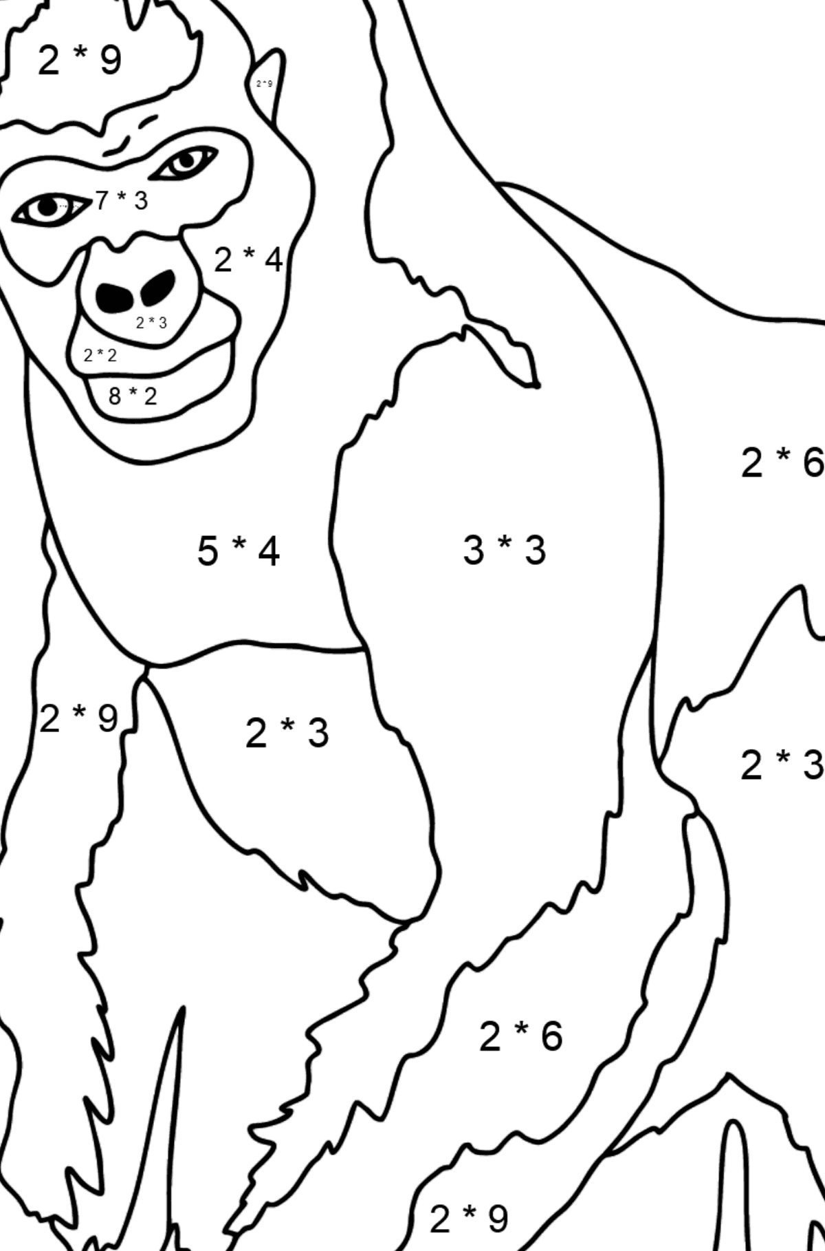 Tegning til farvning gorilla (vanskeligt) - Matematisk farvelægning side -- Multiplikation for børn