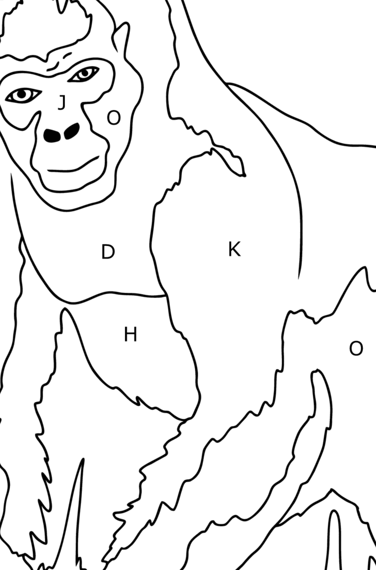 Kleurplaat gorilla (makkelijk) - Kleuren met letters voor kinderen