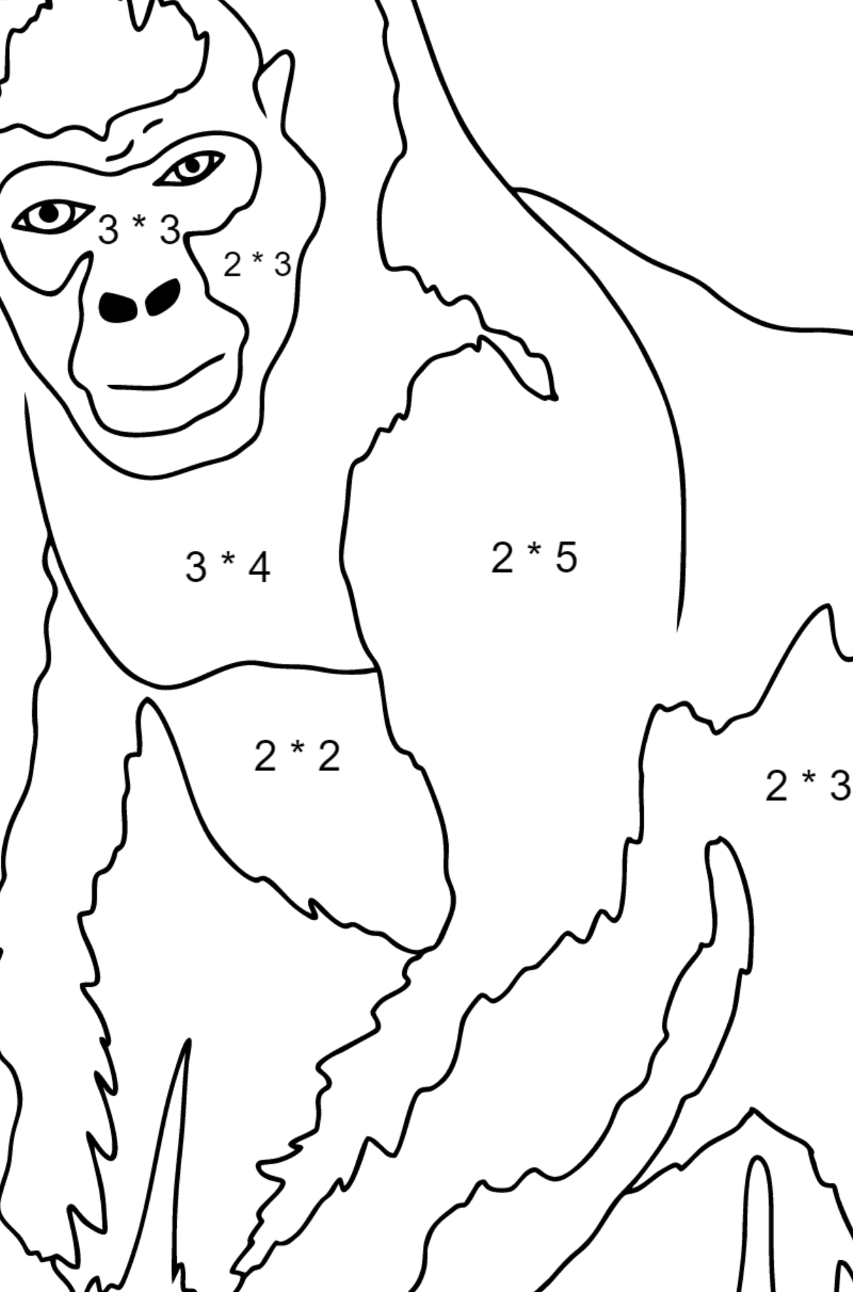 Kleurplaat gorilla (makkelijk) - Wiskunde kleurplaten - vermenigvuldiging voor kinderen