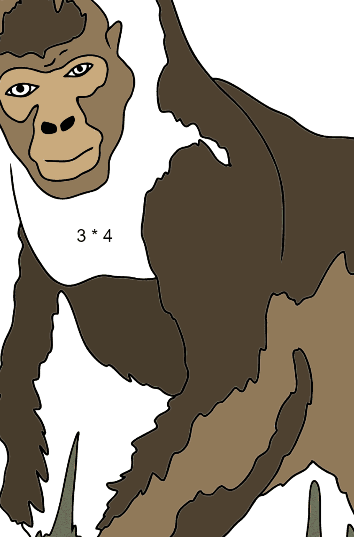 Gorilla Malvorlage (einfach) - Mathe Ausmalbilder - Multiplikation für Kinder