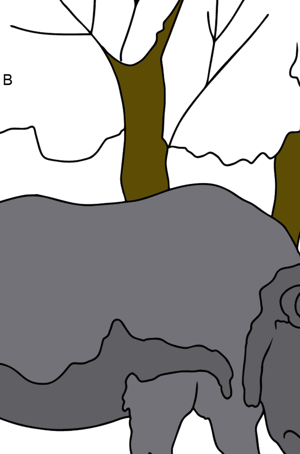 Dibujo para Colorear - Un Rinoceronte Comiendo Césped - Colorear por Letras para Niños