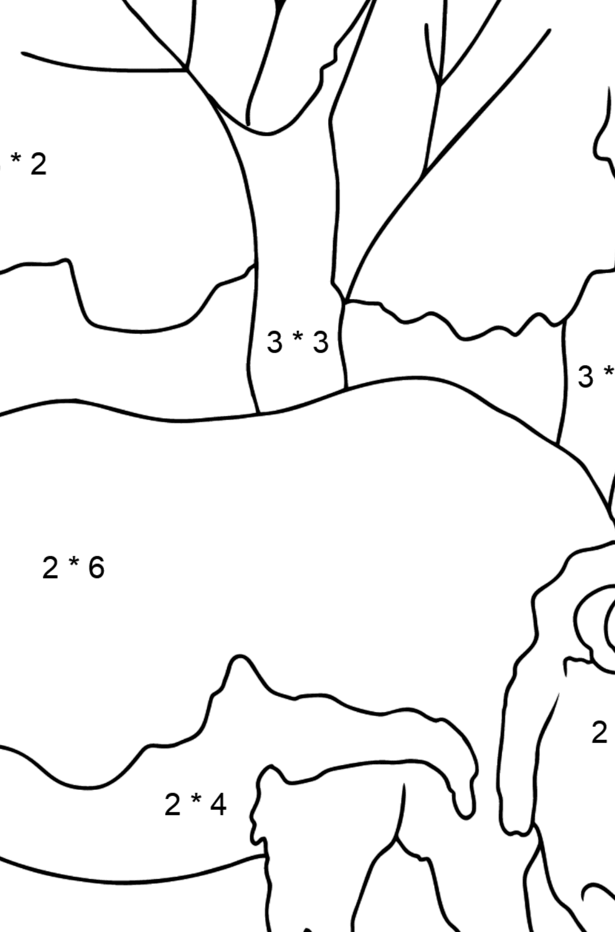 Tegning til farvning næsehorn (let) - Matematisk farvelægning side -- Multiplikation for børn
