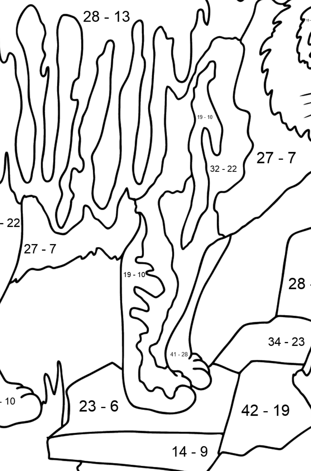 Complex Coloring Page - A Tiger is Looking for Prey - Math Coloring - Subtraction for Kids